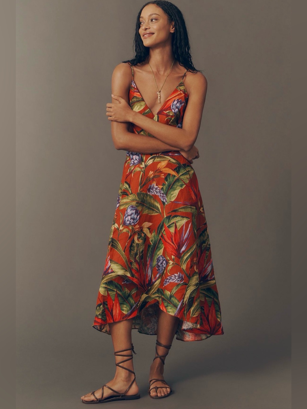 Farm Rio Florart Linen Sleeveless Plunge Midi Dress